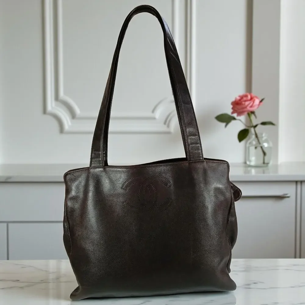 AUTHENTIC CHANEL CC Brown Coco Mark Lambskin Leather Tote Bag MSRP $6,700